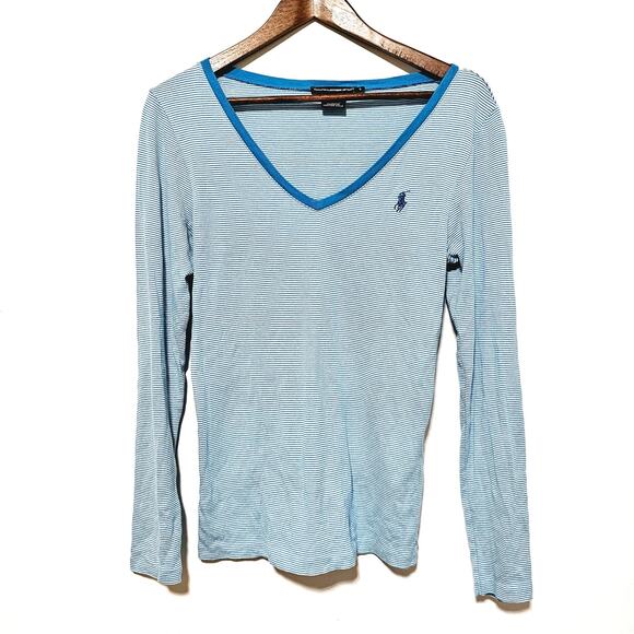Ralph Lauren Sport Knit Top Women's Size L V-neck Blue Striped Preppy Casual - Picture 2 of 8